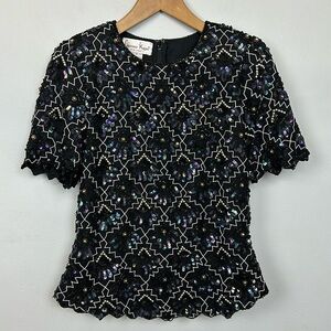 Vintage Black Silk Embellished with Iridescent Black & Silver Beads/Sequins Sz M